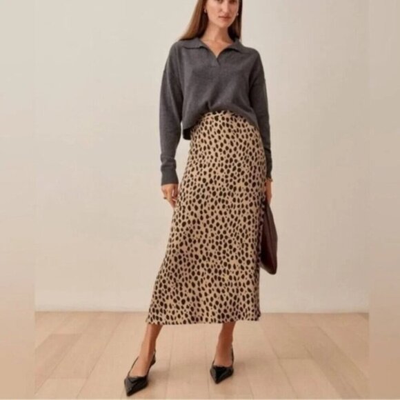 NEW Reformation Bea Midi Skirt in Leopard | Brown/Tan - size 2 - Picture 1 of 10